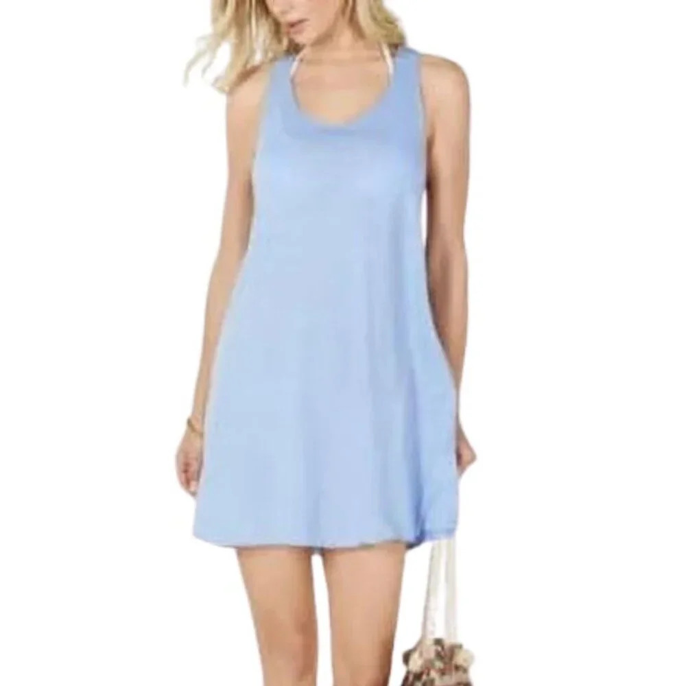 MIKEN SWIM Cover Up Dress SMALL Blue Racerback Knit Beach Tank NWT